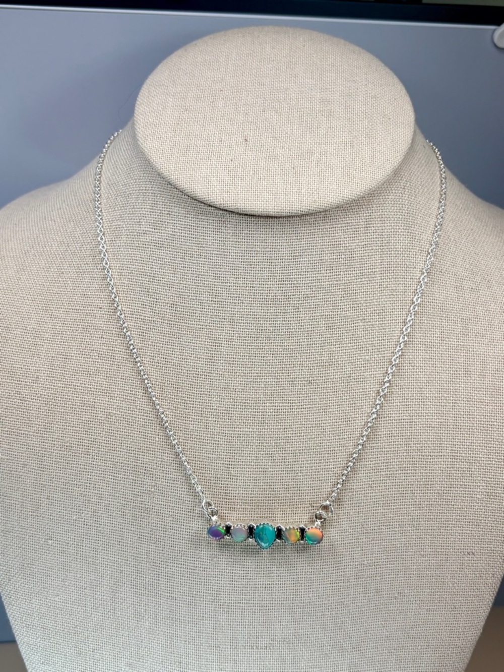 Southwestern Sterling Silver Balloon Opal Bar Pendant Necklace - Picture 5 of 9